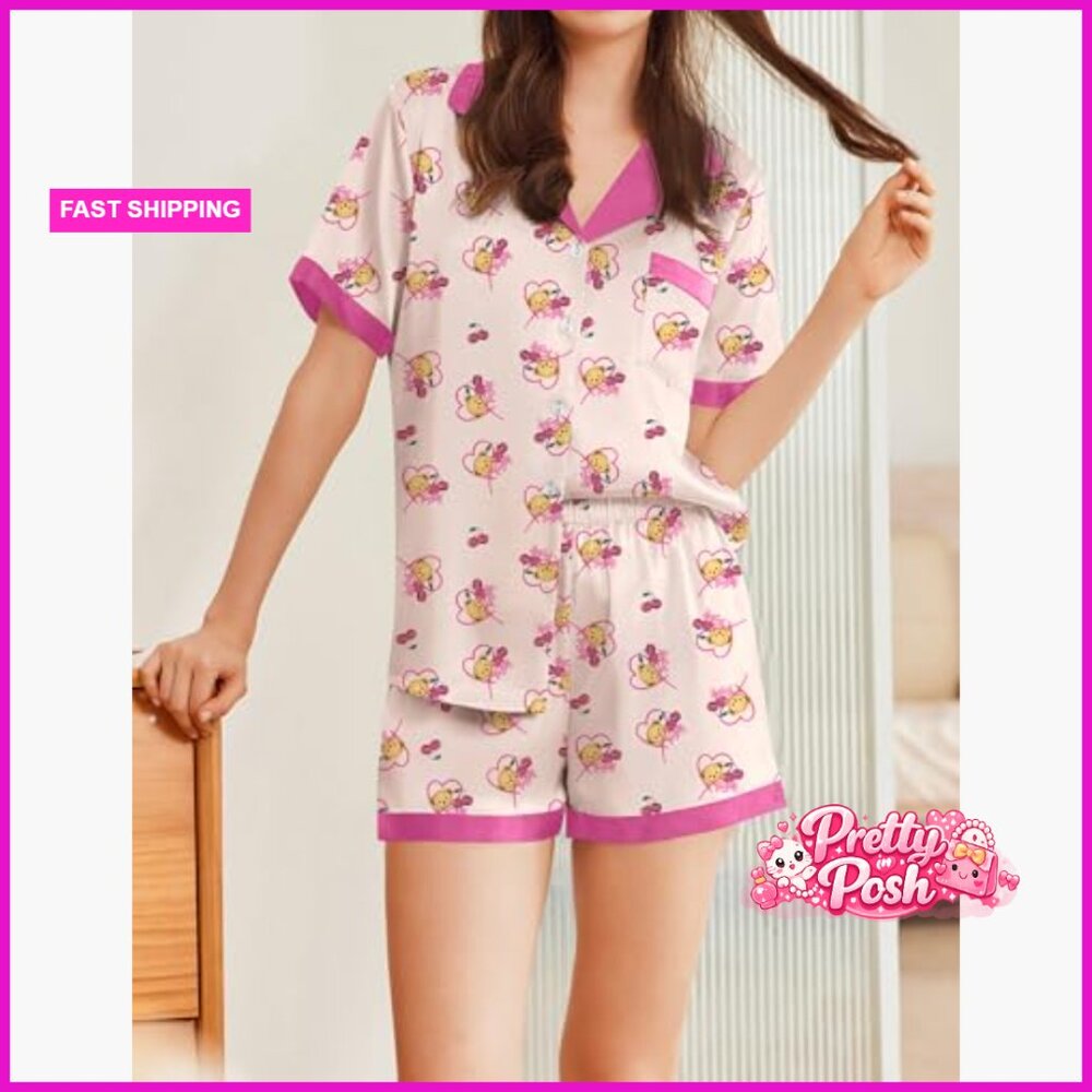 Silk Satin Pajamas Set Animals Print Short Sleeve Lounge Sleepwear - Picture 2 of 5